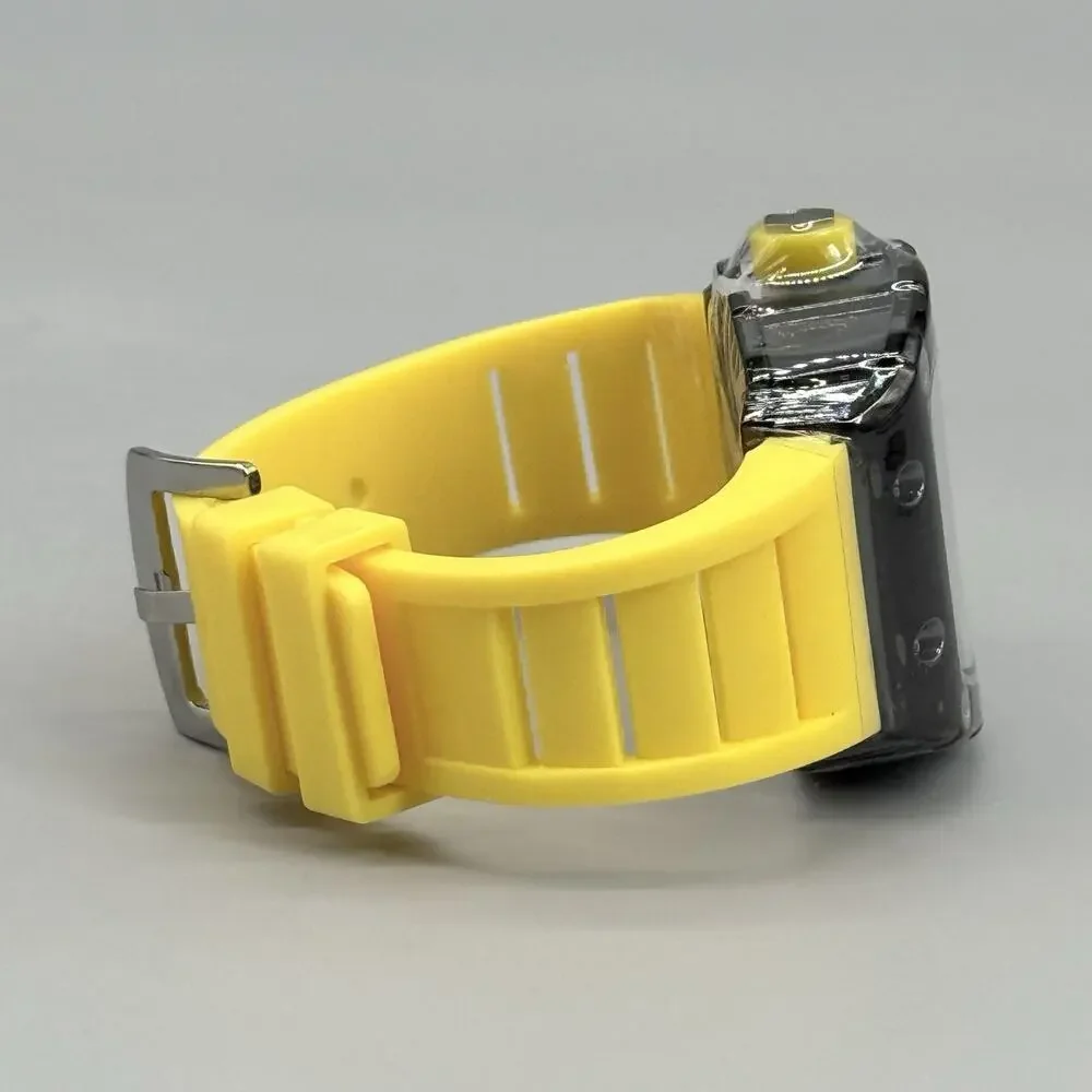 Mens Black Tonneau Watch Yellow Silicone Strap Quartz Sport Fashion Yellow Accen